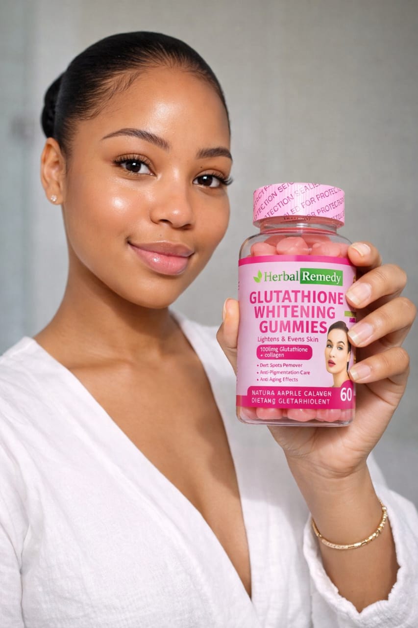 A woman holding a bottle of Herbal Remedy Glutathione Whitening Gummies