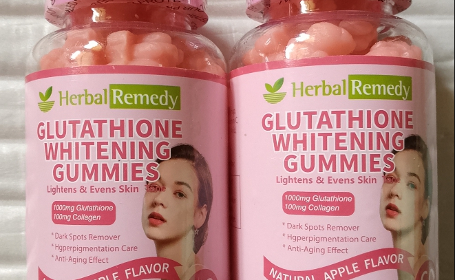 Two sealed bottles of Herbal Remedy Glutathione Whitening Gummies, showing the 1000mg glutathione and 100mg collagen label